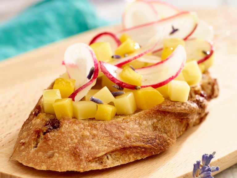 Tartine with Comté Cheese, Peach and Lavender Radish Tartine Au Comte Peche Et Radis A La Lavande 2015 Cigc Image Et Associes Sm